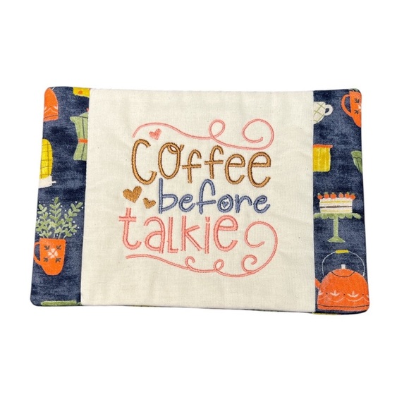 Hand Crafted Mug Rug Coaster Embroidered Colorful Coffee Before Talkie Padded - Picture 1 of 8